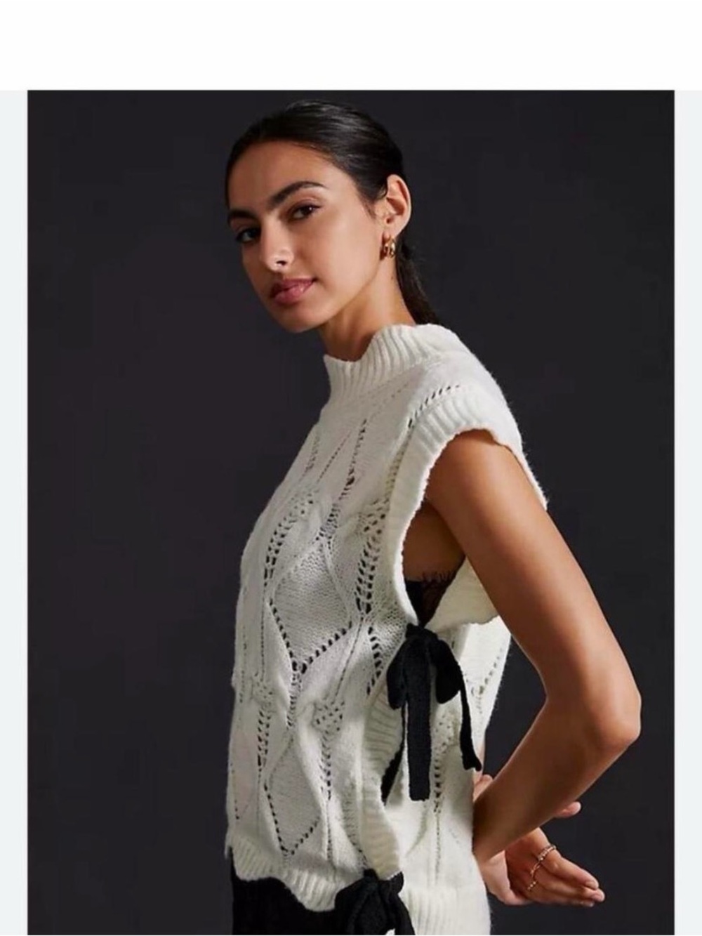 Sleeveless Cable-Knit Sweater Vest with Side Ties - White